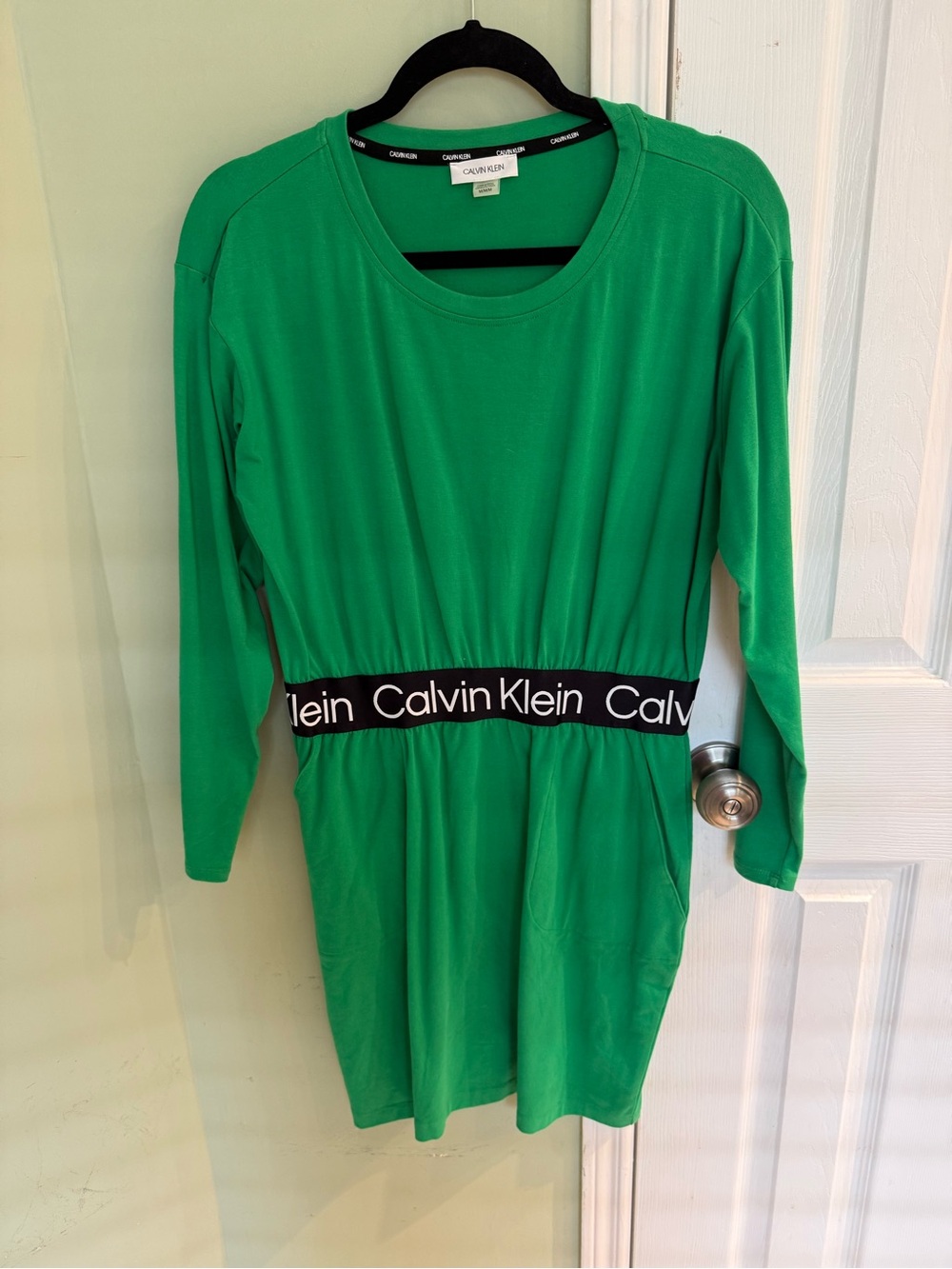 Calvin Klein Green Long-Sleeve Mini Dress with Logo Waistband
